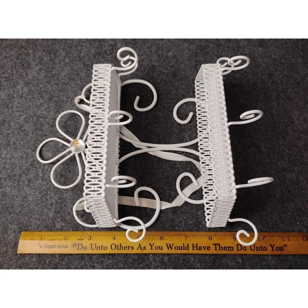Vintage White Metal 2 Tiered Jewelry Cosmetics Shelf w Scroll Floral Design